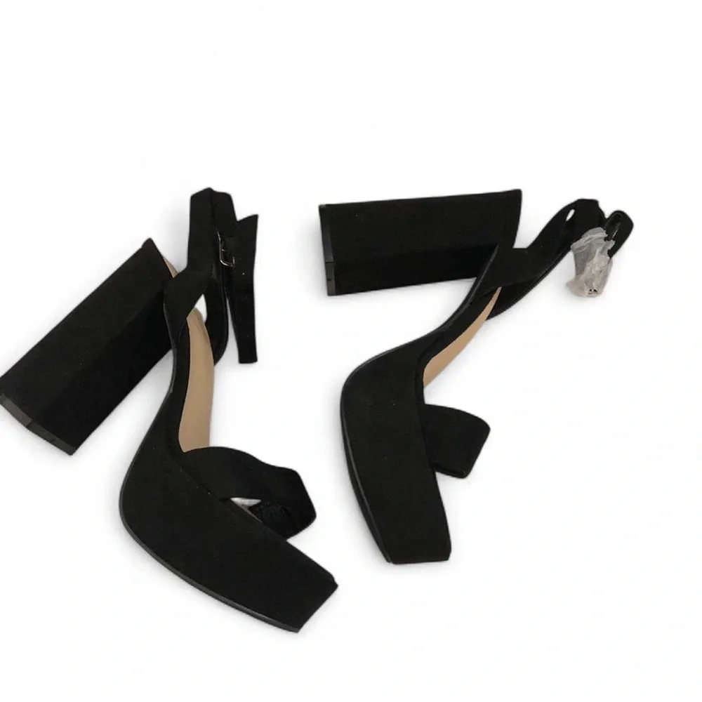 Whimsygoth Chunky Black Platform Sandal Block Heels Goth Faux Suede Prom Formal